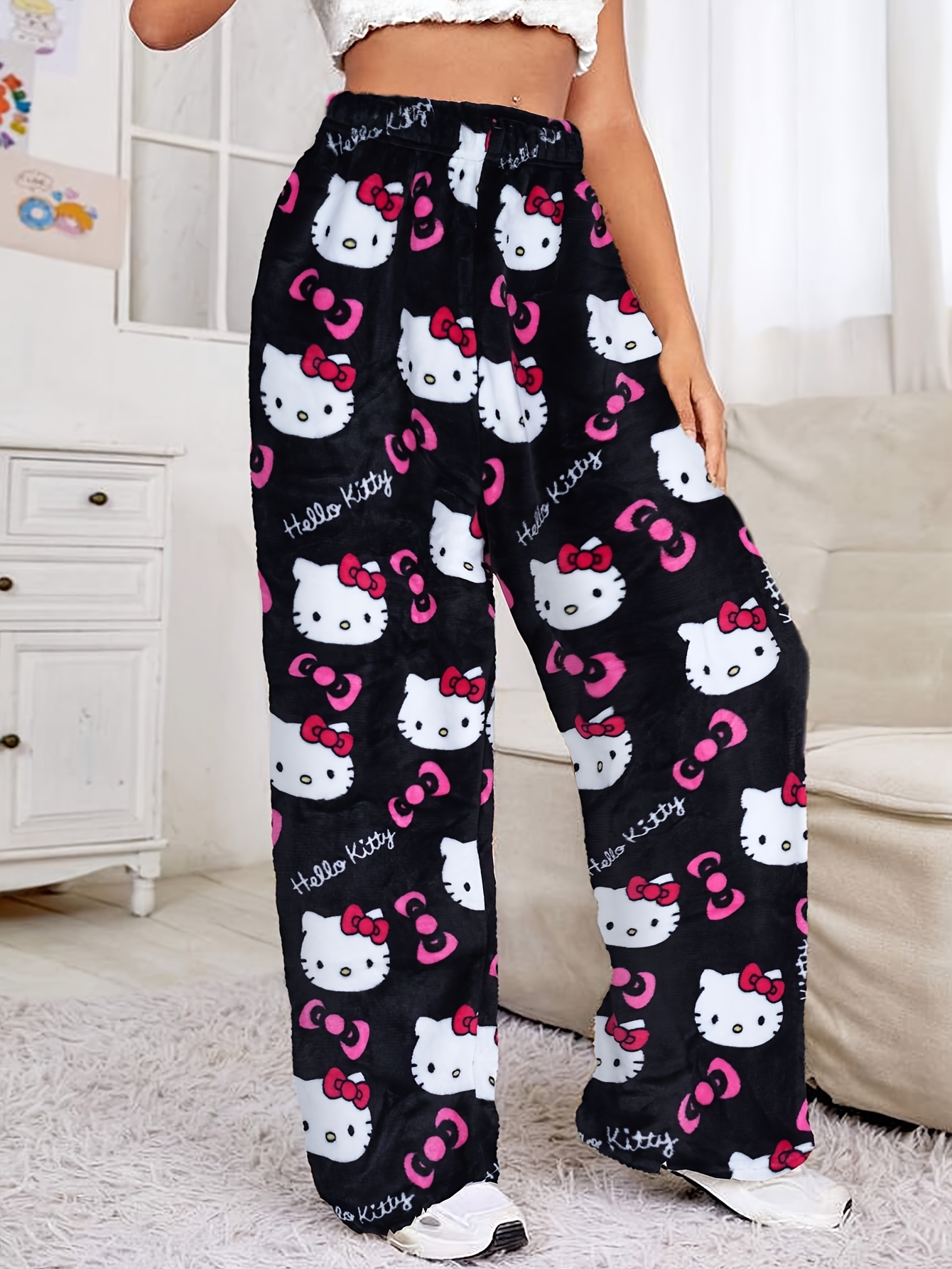 new autumn and winter flannel pants from   for women featuring a cute kt print   thick casual and loose fitting pants are perfect for lounging at home and make an elegant gift for valentines day