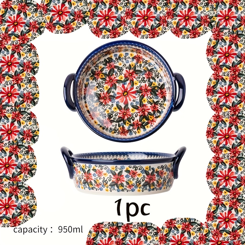 Image of 1pc Large 950ml Ceramic Soup Bowl With Dual Handles Floral Pattern Microwave Safe Ideal For Serving And Preparation