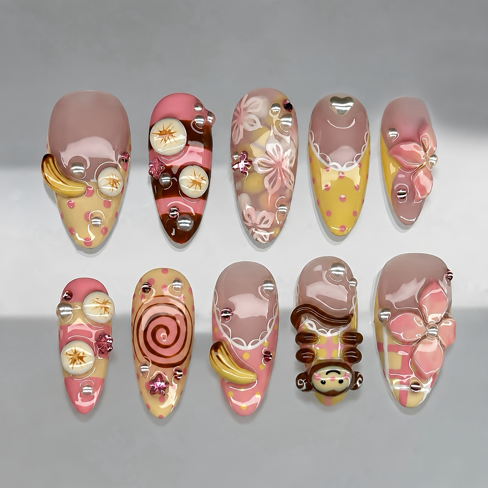 TEMU 10pcs Danartlux Almond Press-on Nails For Women, Cute Cartoon Fake Nails, Sweet Dessert Fruit Monkey Element, 3d Banana Lollipop Flower Decor,