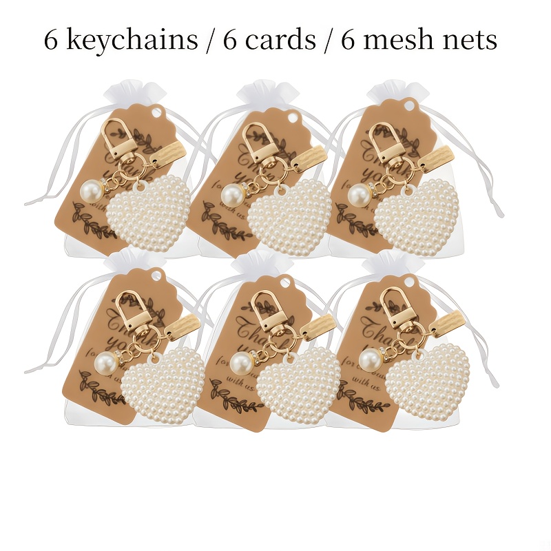 TEMU Cadeau pour Elle/Lui Lot de 18 nouveaux grands porte-clés cœur en fausses perles, 6 porte-clés/6 cartes/6 sachets en filet, cadeaux de fête,