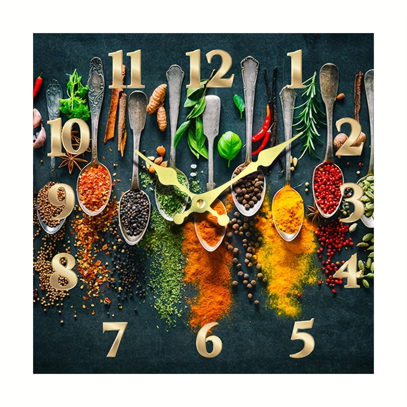 TEMU 1pc Horloge Murale Carrée en Bois avec Motif d'Épices Colorées pour Cuisine, Silencieuse , Adaptée pour Chambre Salon Bureau Salle de Bain,