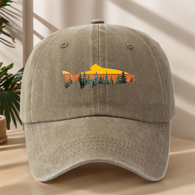 TEMU Makefge Adjustable Baseball Suitable For Fishing, Hiking & Outdoor Activities - Washed Vintage Washed Soft Breathable Hat With Fish Print, For