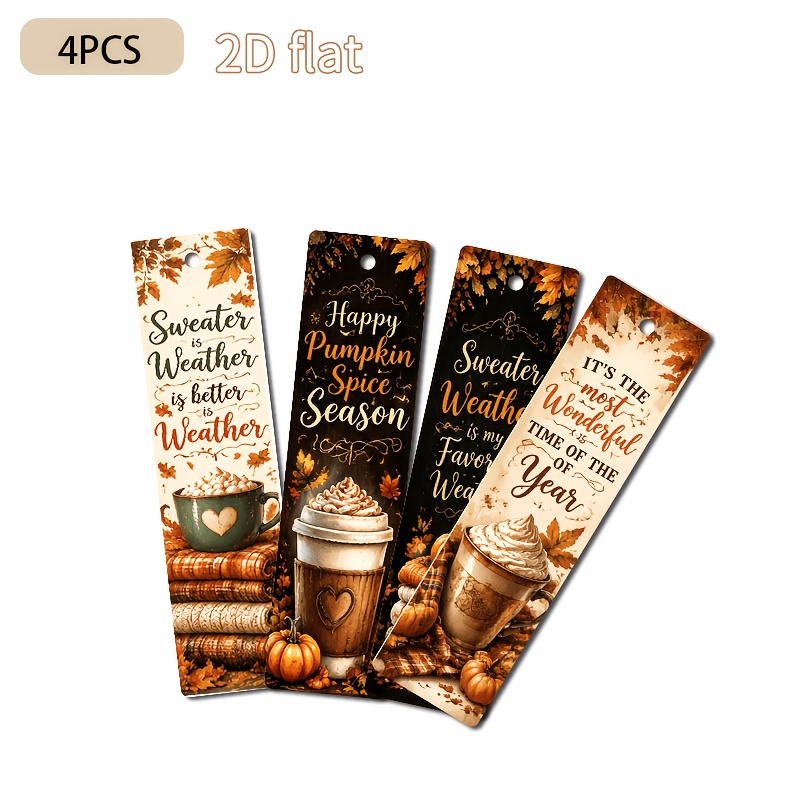 TEMU 4pcs Tassel Faux Leather Material 2d Printed Bookmarks, Size 1.6in X 5.9in, Autumn Pumpkin Latte Maple Leaf Retro Harvest English Illustration,