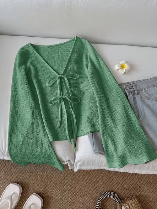 solid color front tie bow open front fashion flared sleeve blouse new womens short top