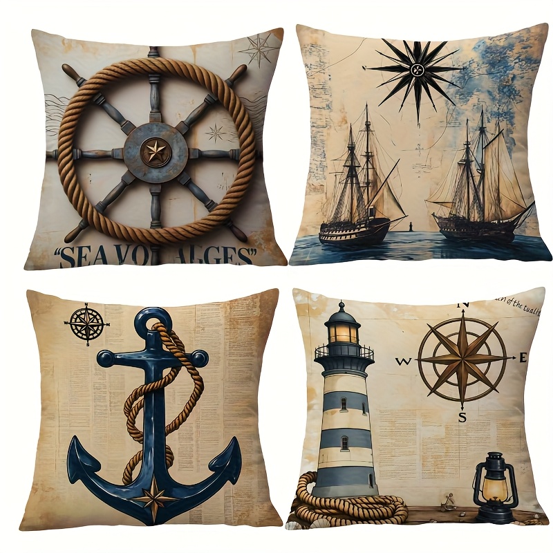 TEMU Set Of 4 Vintage Nautical-themed Pillow Covers Featuring Classic Maritime Symbols Such As Ship Wheels, Compasses, Sailboats, Anchors, And . Are