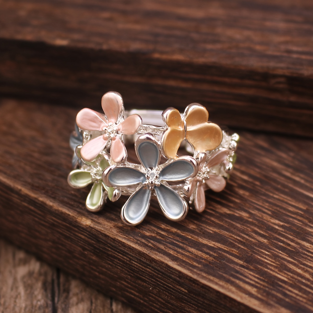 

Vintage Ring Silver Plated Trendy Flower Design Multi Colors Cluster Ring Oil Dripping/ Enamel Ring Jewelry Match Daily Outfits