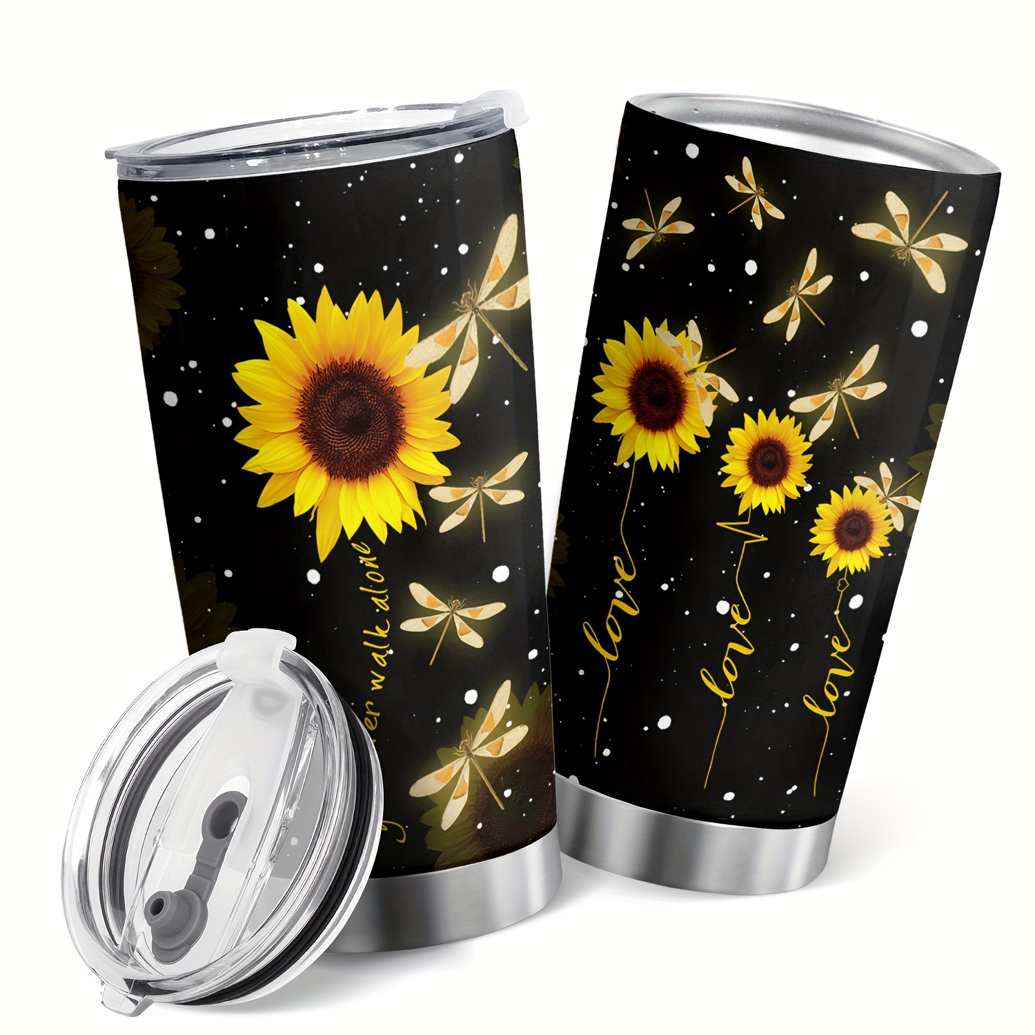 

20oz Sunflower & Dragonfly Stainless Steel Tumbler, Vacuum Insulated Travel Coffee Mug, Double-wall Multipurpose Cup, Hand Wash Only, Reusable With No Electricity Needed