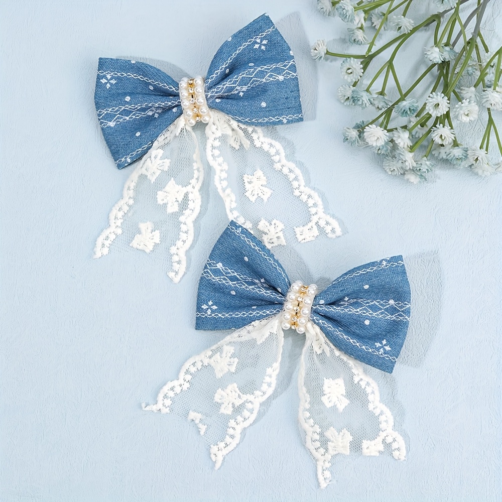 2pcs Denim Bow Hair Clips With Lace Tassels - Barrettes Suitable For &, Cute Kawaii Hair Accessories For Braids, Ponytails, Buns, Prom, Weddings, Parties