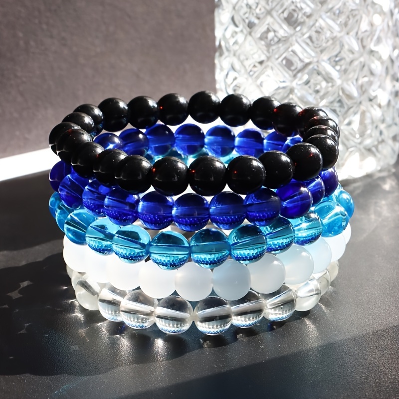 TEMU 5pcs Set Blue White Black 6mm8mm Clear Glass Bead Bracelet Summer Clothing Accessories Fashion Men Bracelet