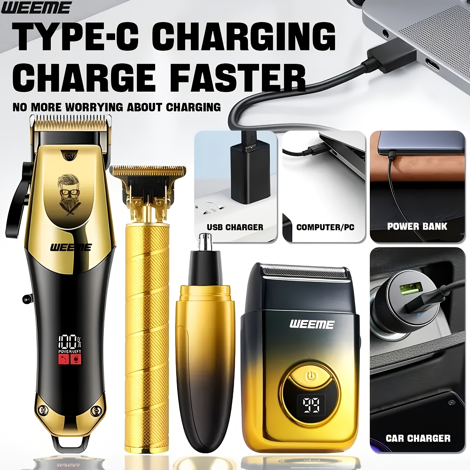 WEEME Heren Blauw/Gouden 4-delige Tondeuse en Trimmer Set