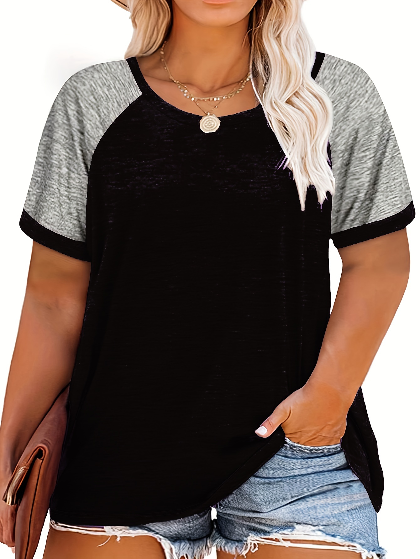 Plus Size Women's Summer Casual Raglan Color Block T-Shirt - Teal & Heather Grey Short Sleeve Loose Fit Tee, Breathable Round Neck Top for Casual Attire, Ladies T Shirts, Smooth Texture Shirt, Soft Fabric Tee