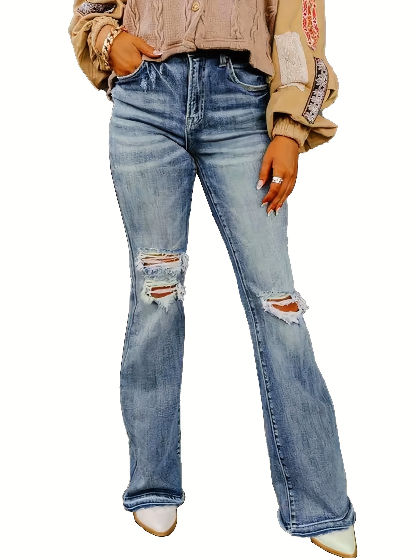 Plain High Waist Ripped Bootcut Denim Jeans Slim Fitting - Temu