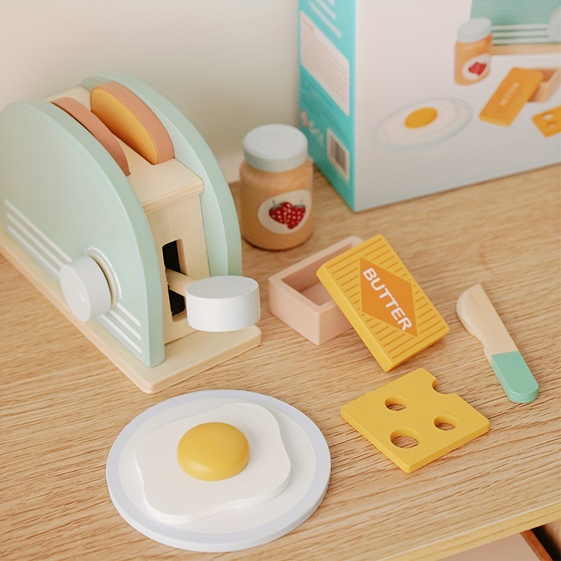 Kids Wooden Kitchen Playset with Toaster and Food Pieces