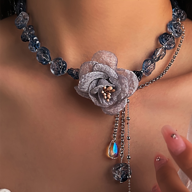 

Vintage Blue Resin Crystal Beaded Gradient Choker With Elegant Rose Pendant And Tassel Detail, Luxury Fashion Necklace For Women, Perfect For Party And Vacation, Valentine's Day Gift, 1 Size