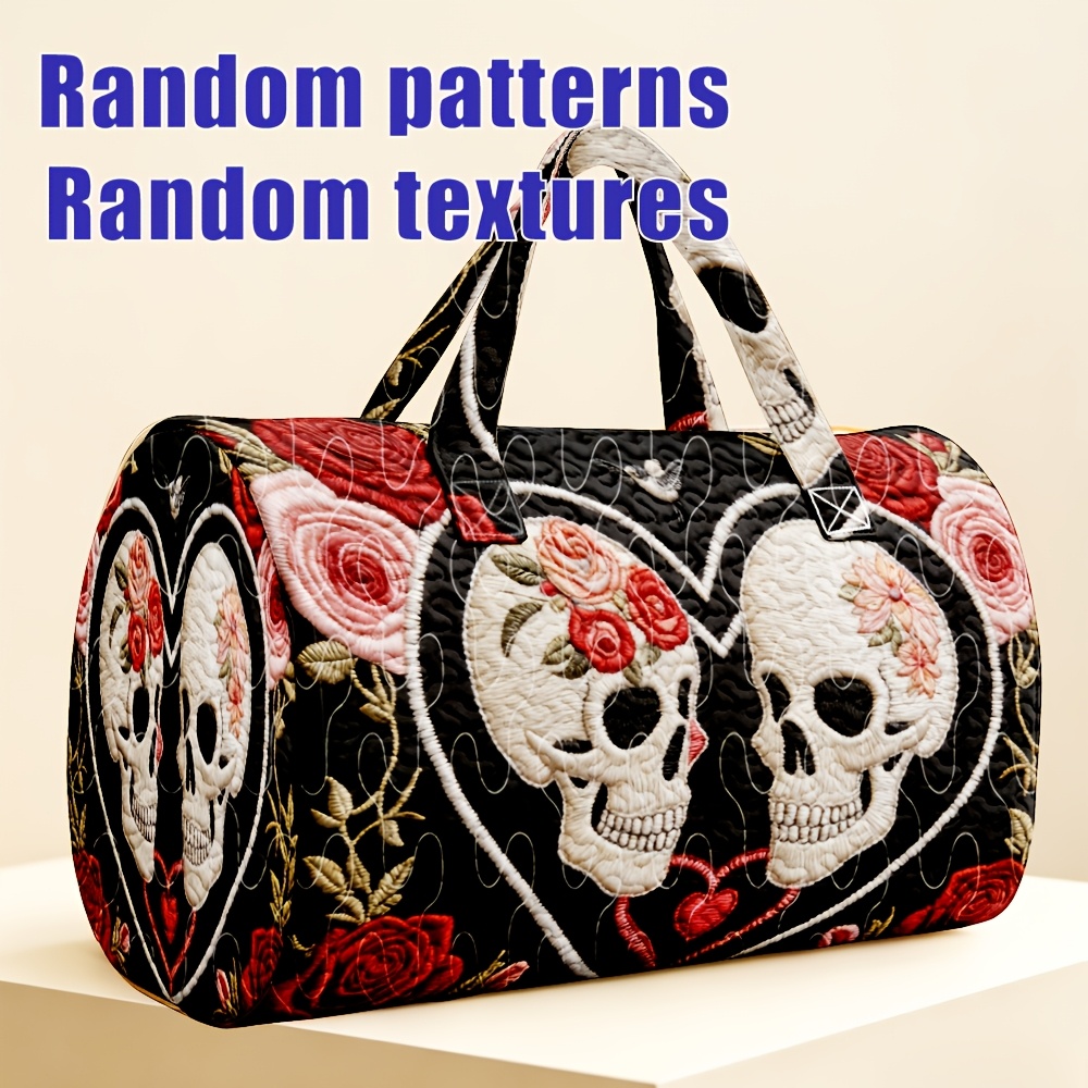 TEMU 1pc Black Background Skull Gothic Style Quilted Cylinder Travel Tote Bag, Thanksgiving Halloween Christmas Holiday Gift, Suitable For Gothic