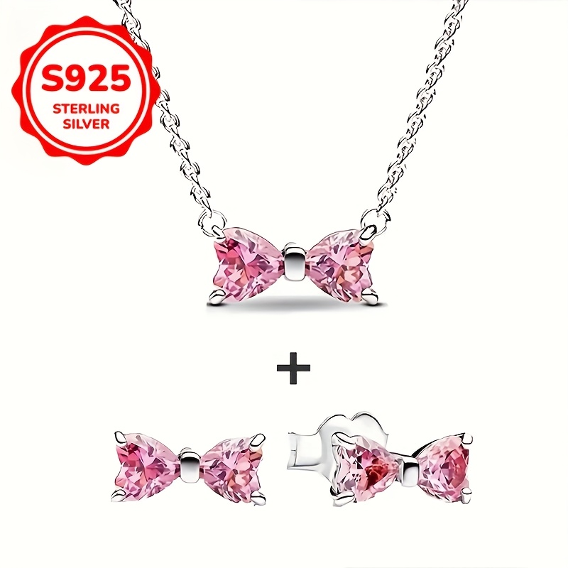Pink Set S925 Silver Pink Bow Necklace Pink Bow Stud Earrings Set Synthetic Zirconia Inlay Hypoallergenic Suitable For Daily Wear, Gifts, Weddings, Back-to-, Thanksgiving, Holiday Gifts
