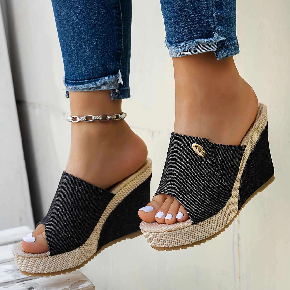 Women'S Black Open Toe Slip-On Wedge Sandals - Thick Rubber Sole, Synthetic Cover Upper, Comfortable Fabric Inner Lining, Casual Summer Footwear for Casual Attire, Strappy Sandal