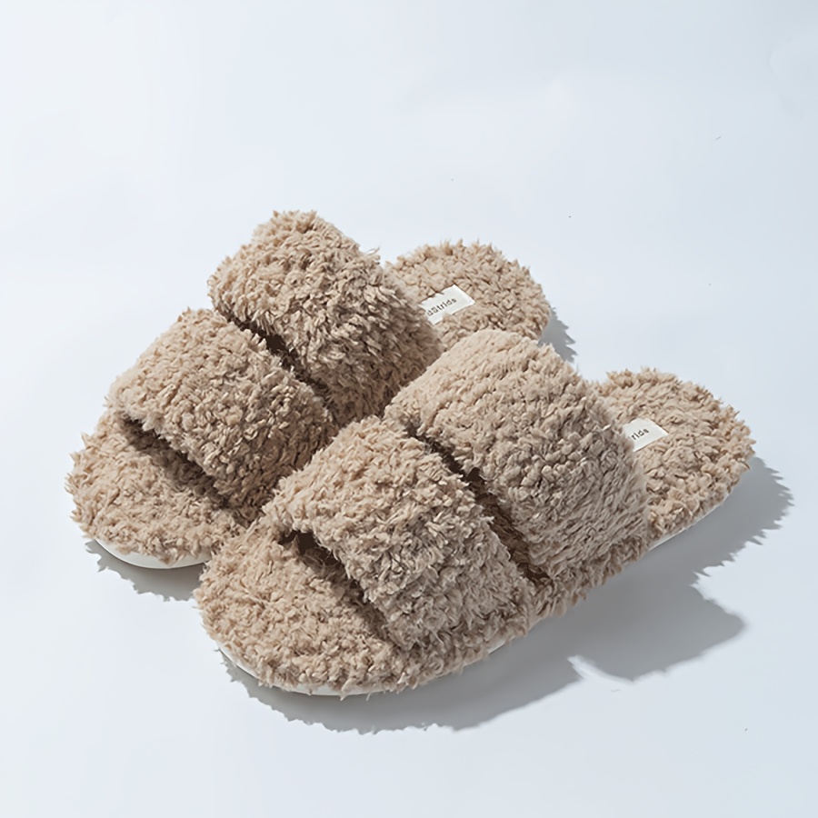 TEMU Women's Fuzzy Plush Slippers, Open Toe Slip- Shoes, Cozy Fluffy Warm Indoor Slippers For Bedroom, Non-slip Slides For Ladies, Women Shoes