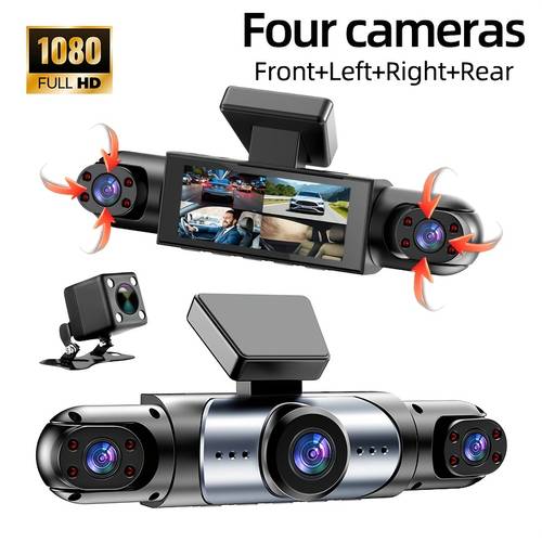 vehicle mounted 4 channel 360 degree panoramic dash cam featuring a 3 inch ips hd screen with front and rear built in cameras four lenses covering front rear 1080p hd quality 8 infrared loop recording