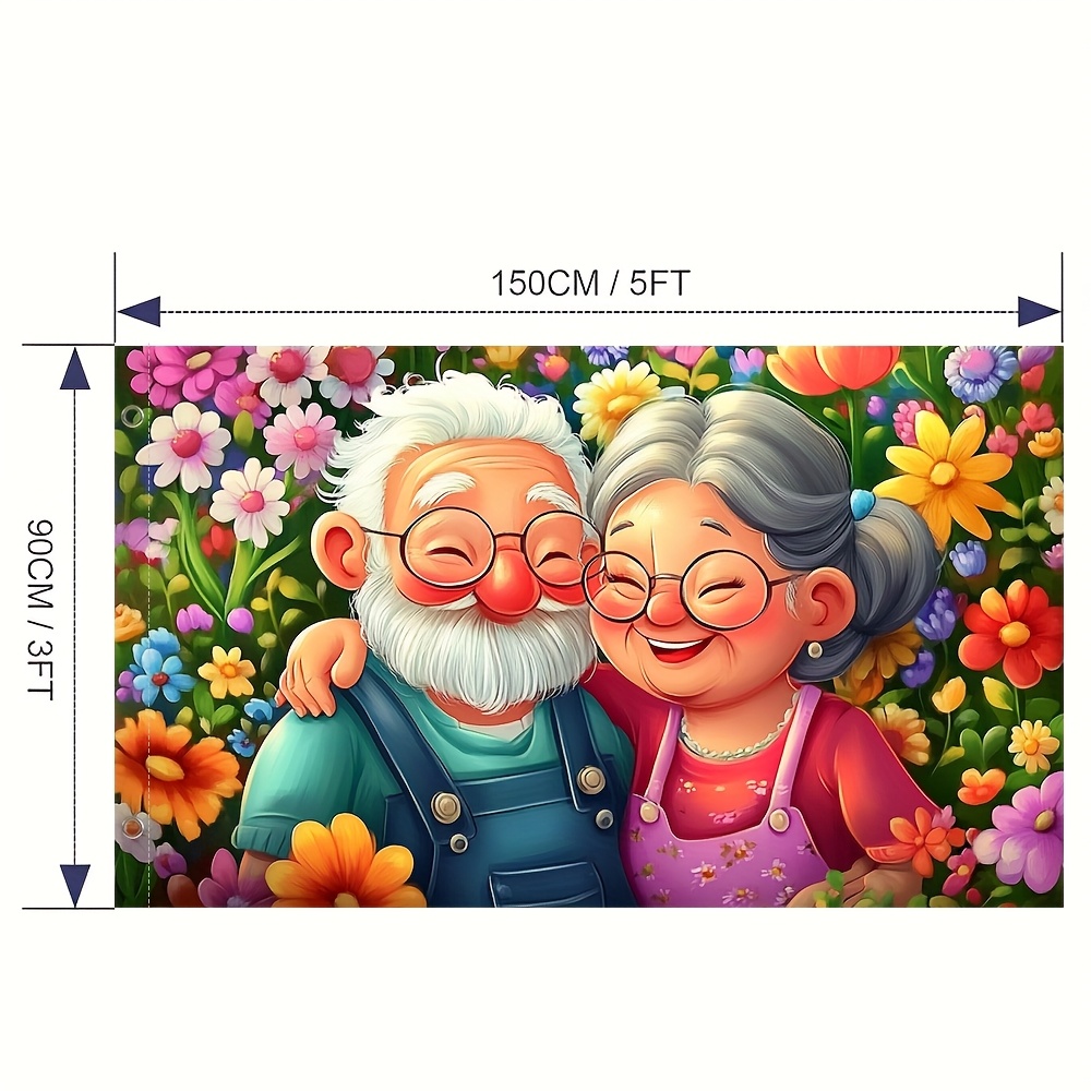 TEMU 1pc Old Couple Polyester Flag - Vibrant , Ideal For Indoor & Outdoor Decor, Yard, Home, And Garden, No Electricity Needed, Home Decor Flag|floral Pattern Flag|durable Decor Ite
