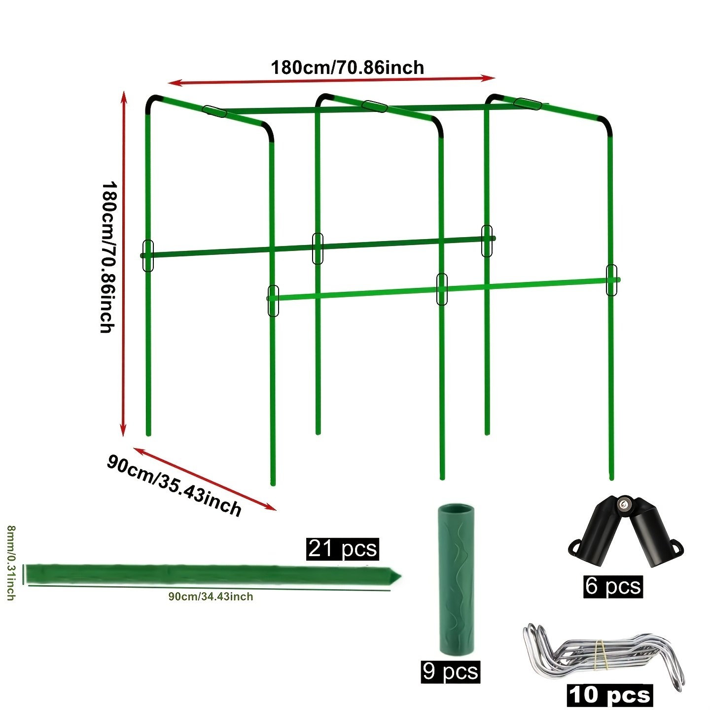 TEMU 1 Set Of 180x180x90cm, A Total Of 46pcs (21 Rods Of 8mm Thick And 90cm Long, 9 Connecting Pipes, 6 B-shaped Connectors, 10 Wire Buckles) For