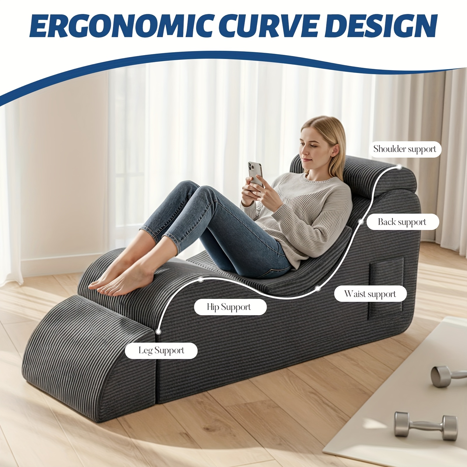 Yoga Chair Lounge for Adult, Ergonomic Chaise Lounge Chair with Side Pocket, Headrest, Waist Pad, Ottoman, Perfect for Stretching, Massage, And Relaxation, Used In Living Room, Bedroom, Lazy Sofa, Gaming Sofa