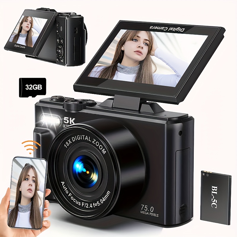 1pc 5k photography digital camera wifi 75mp vlogging camera Temu