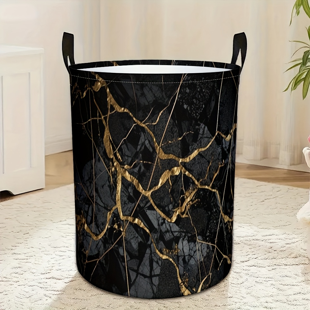 Image of 1pc, Black Marble Round Laundry Hamper Marbling Texture Storage Basket Clothes Organizer Bin For Home Bathroom Bedroom Dorm, Laundry Baskets