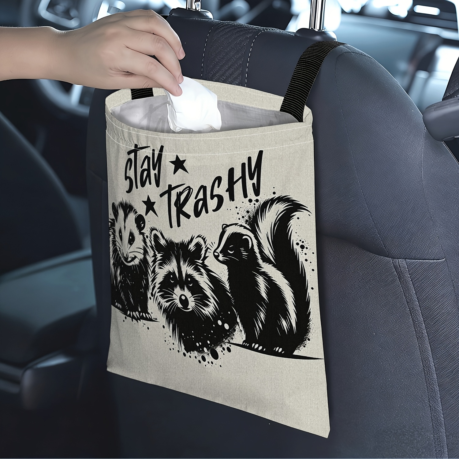 TEMU 1pc Opossum Bear Skunk Stay Pattern Printed Theme Printed Rear Car Trash Bag - Polyester Fiber Fashion Storage, Keeping Car Interior Tidy,