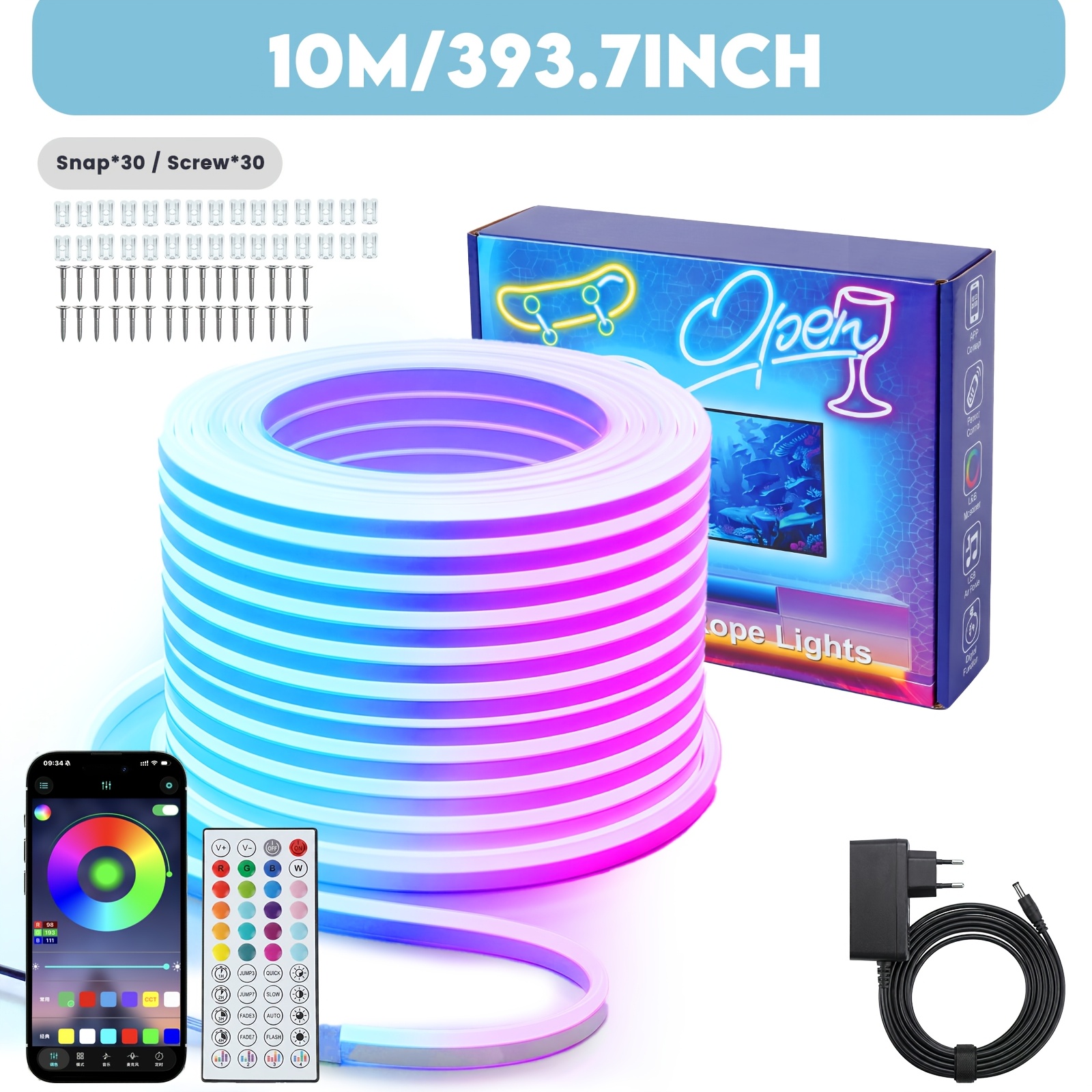 TEMU RGB Neon LED Streifen Licht, mit Fernbedienung, App-Steuerung, Flexibler RGB Streifen, LED Neon Band für Schlafzimmer, Innendekoration