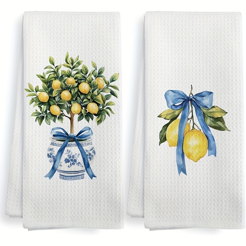 TEMU Cleaning Cloth 2pcs Kitchen Towel, Ribbon Bow Ceramic Lemon Pattern, Birthday And Housewarming Gift For , Super Absorbent Kitchen Dish Cloth,