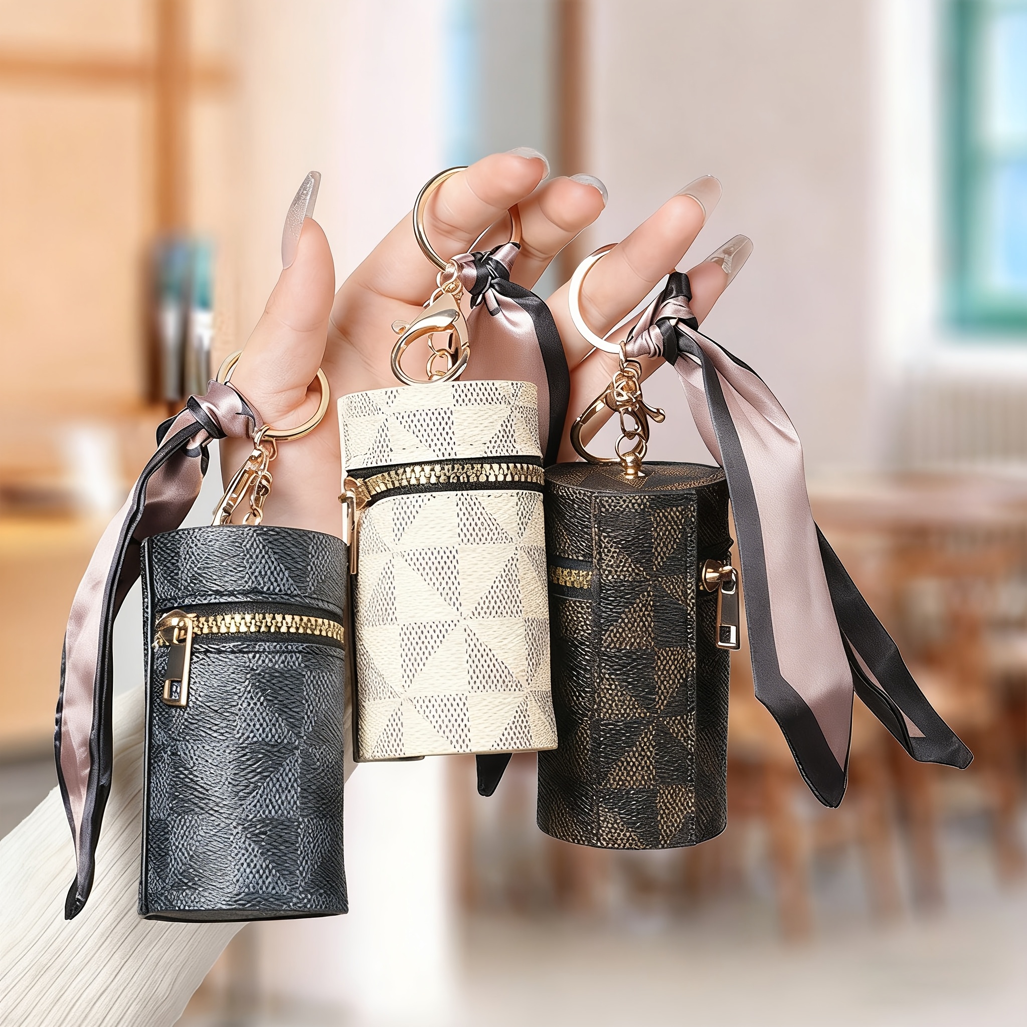TEMU 3pcs Set Of Mini Zipper Keychain Bags - Patterned Coin Purse With Scarf And Keyring, Portable Cash Storage Pouch, Earplugs And Balm, Fashionable