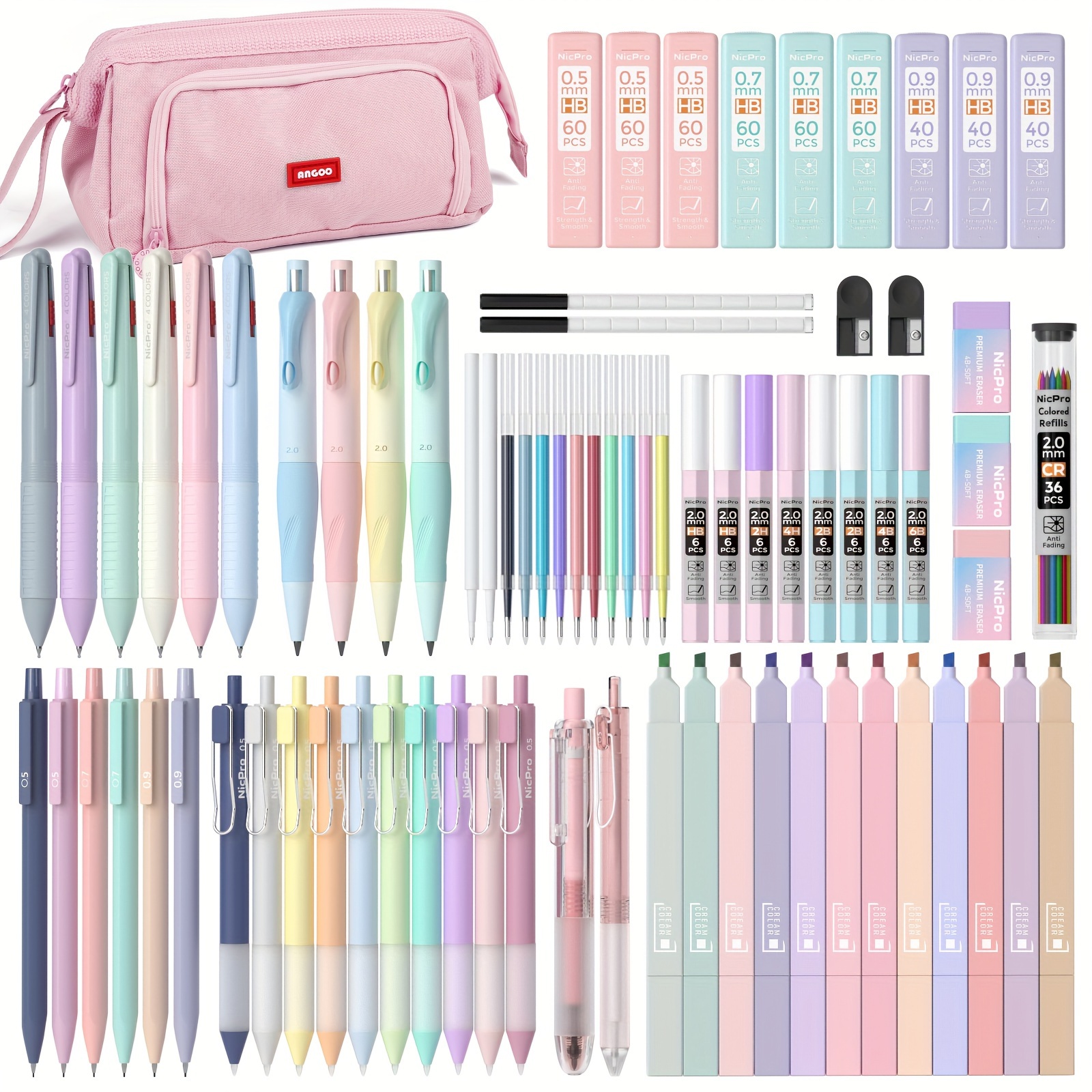 

Nicpro 47/74/84 Pcs Aesthetic School Supplies With Cute Pen Case, 12 Pastel Highlighters, Color & Black Ink Gel Pens, Mechanical Pencils 0.5, 0.7, 0.9, 2.0mm, 6 Ballpoint Pen For Student Stationary