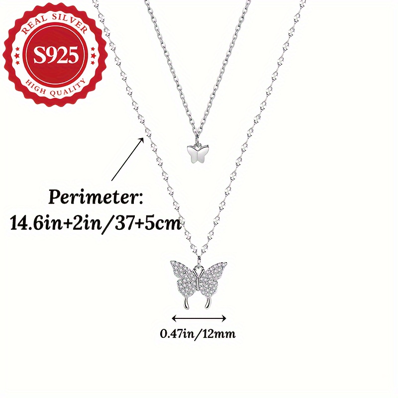 925 Silver Women's Double Layer Butterfly Blingbling Necklace