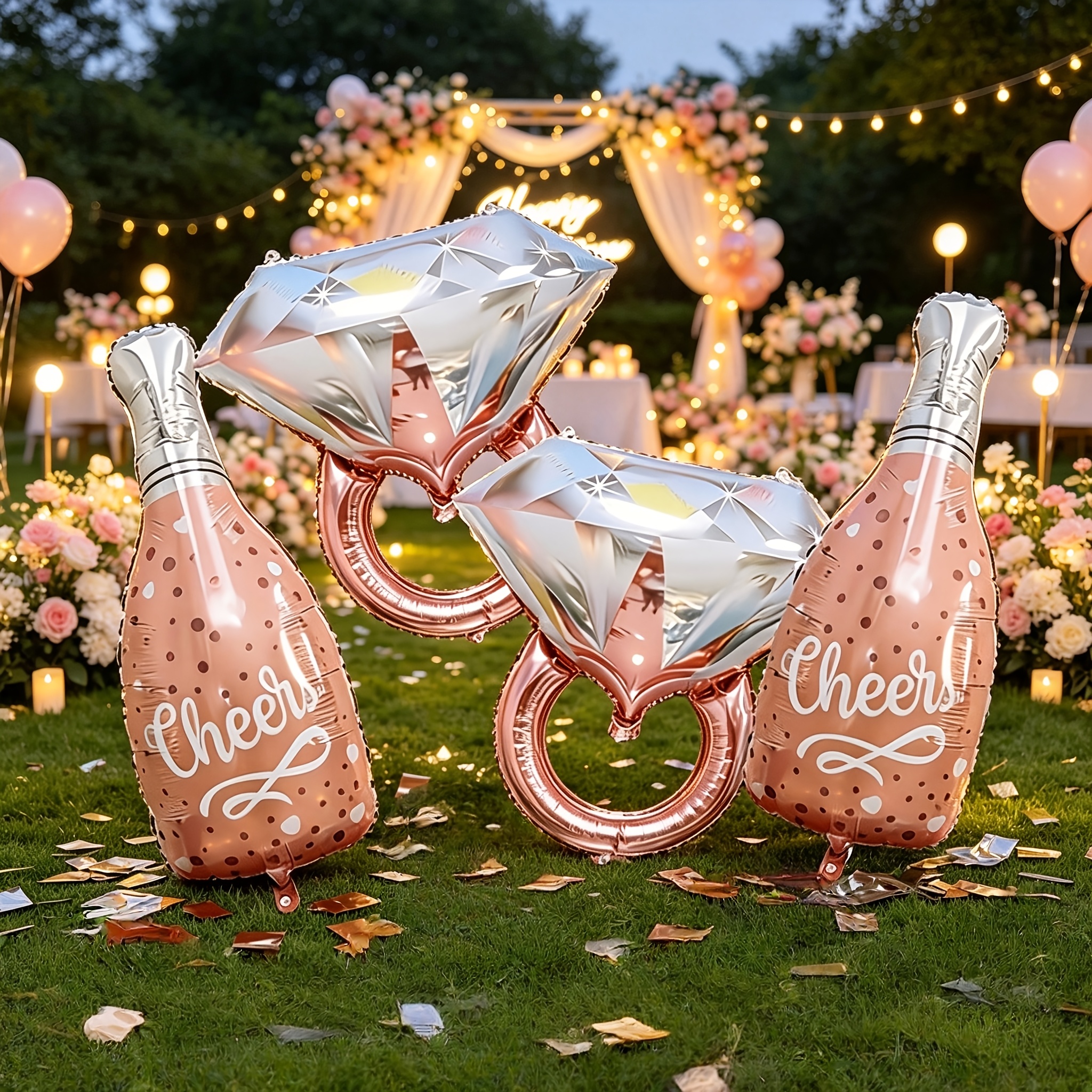 Image of This 4pcs Rose Golden Diamond Balloon And Sparkling Wine Glass Balloon Set Is Suitable For Weddings, Proposals, Bridal Showers, And Indoor/outdoor Party Decorations