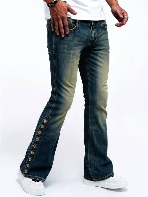 mens vintage blue jeans denim pants with side buttons machine washable non see through fabric classic streetwear jeans for everyday formal outfits skinny jeans for men versatile wardrobe staple urban style