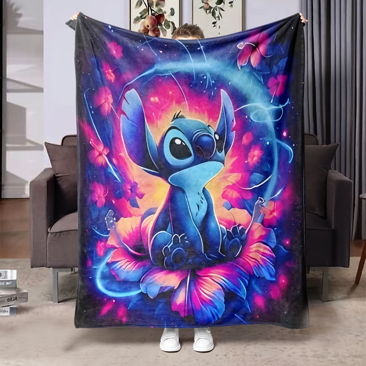 TEMU 1pc Stitch Anime Flannel Printed Throw Blanket, Hypoallergenic Polyester, Soft And Warm, Contemporary Style, With Digital Printing, Machine Washable, For Multipurpose