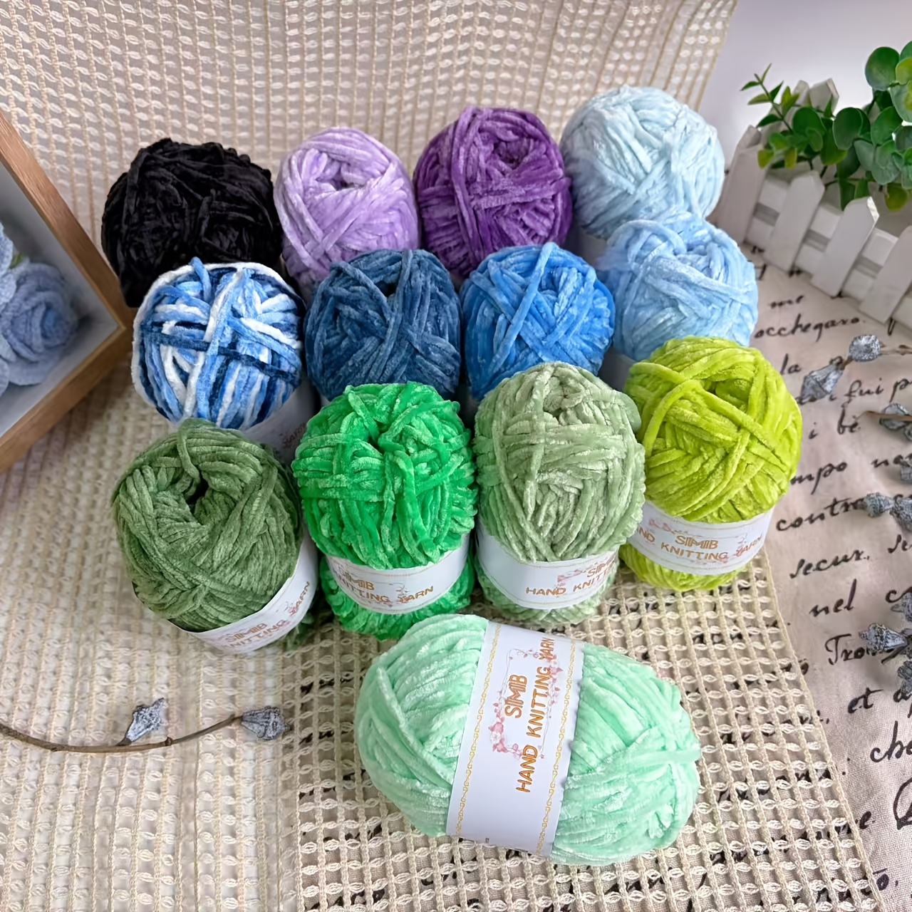 13 Skeins Hand-Knitted Medium-Weight Chenille Yarn Bundle