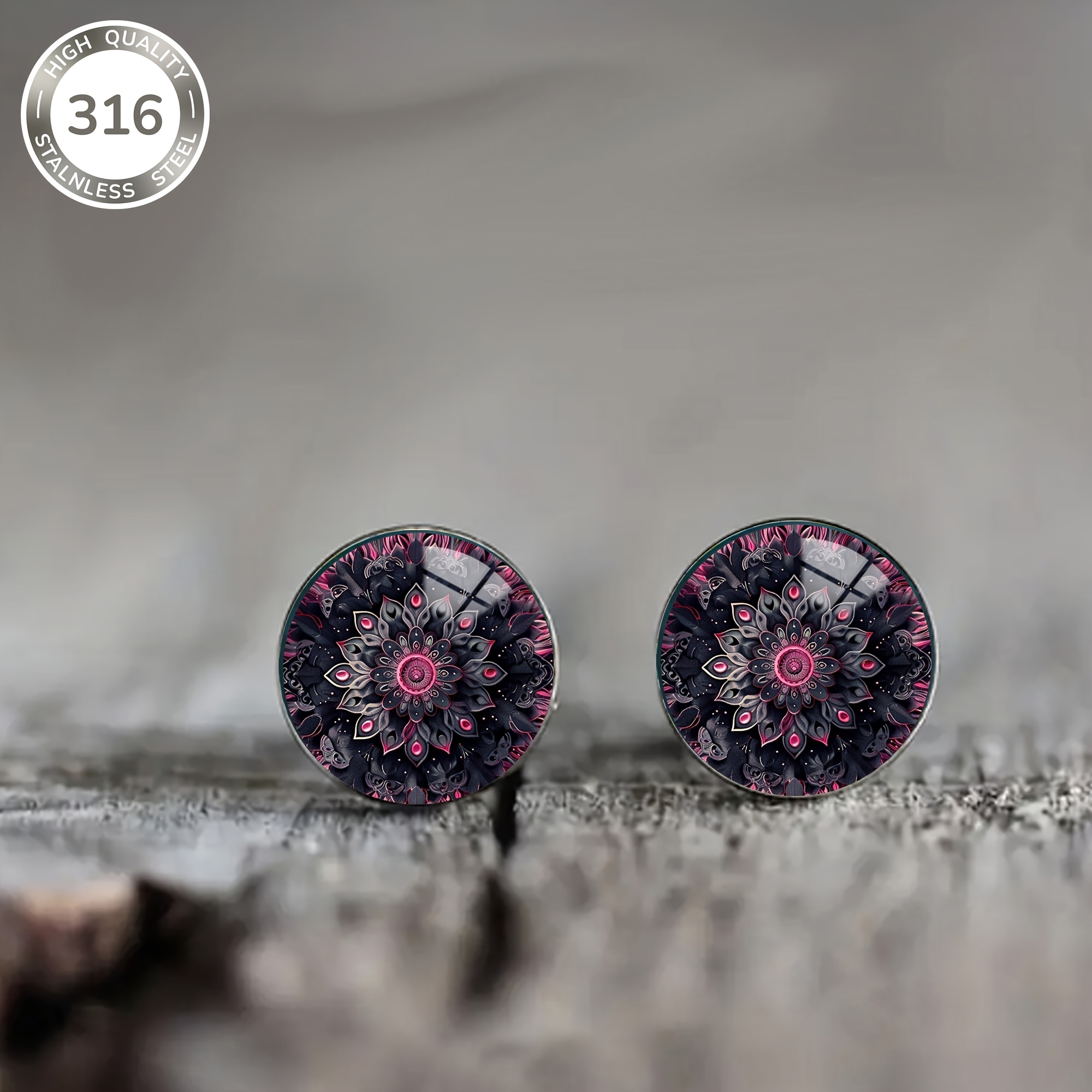 1 Pair Women's Fashion Stud Earrings, Pink Purple Mandala Floral Vintage Pattern Luxurious Elegant Style Gothic Style Mandala Flowers Enamel Suitable For Daily Wear Holiday Gift
