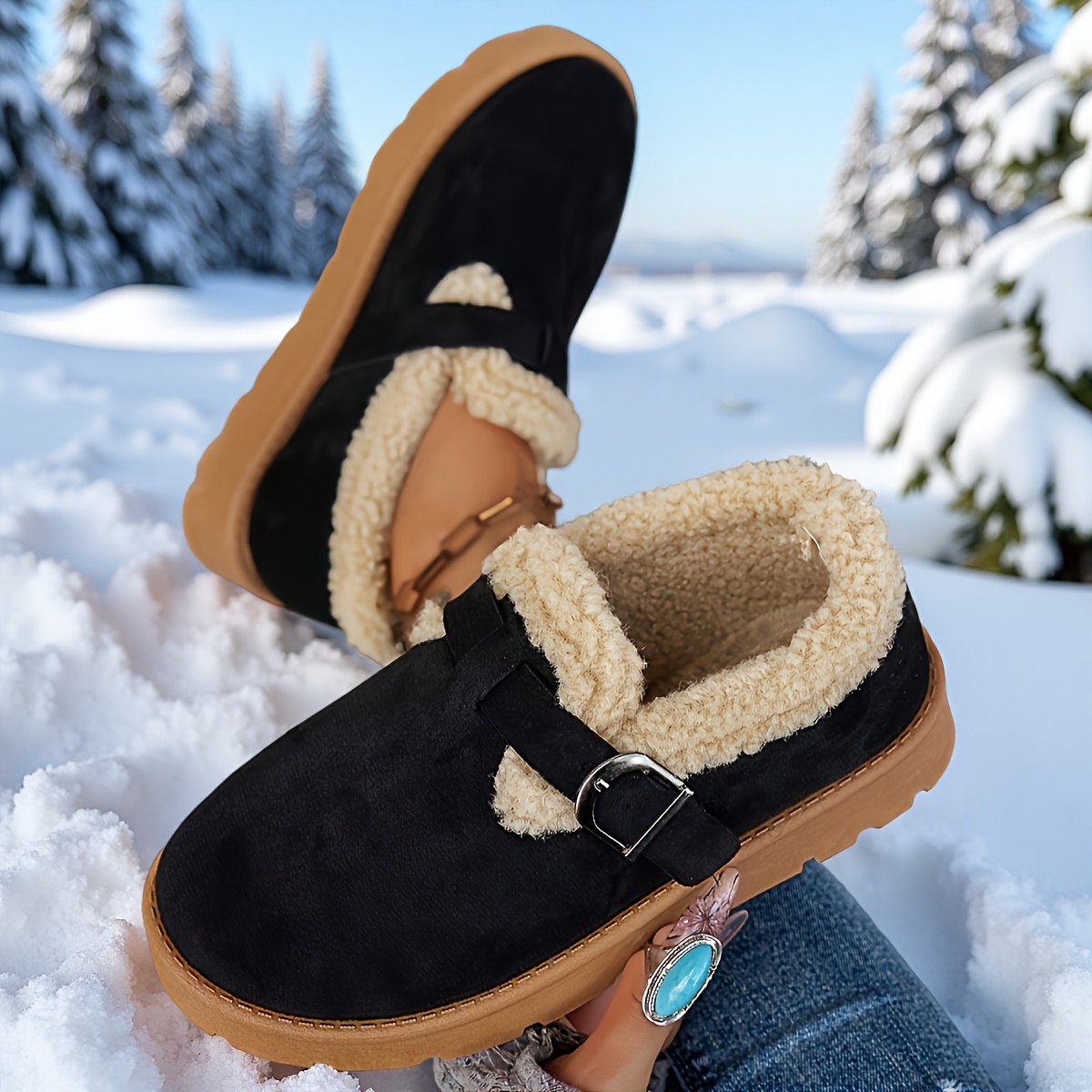 womens warm fleece lined ankle slippers solid color round Temu