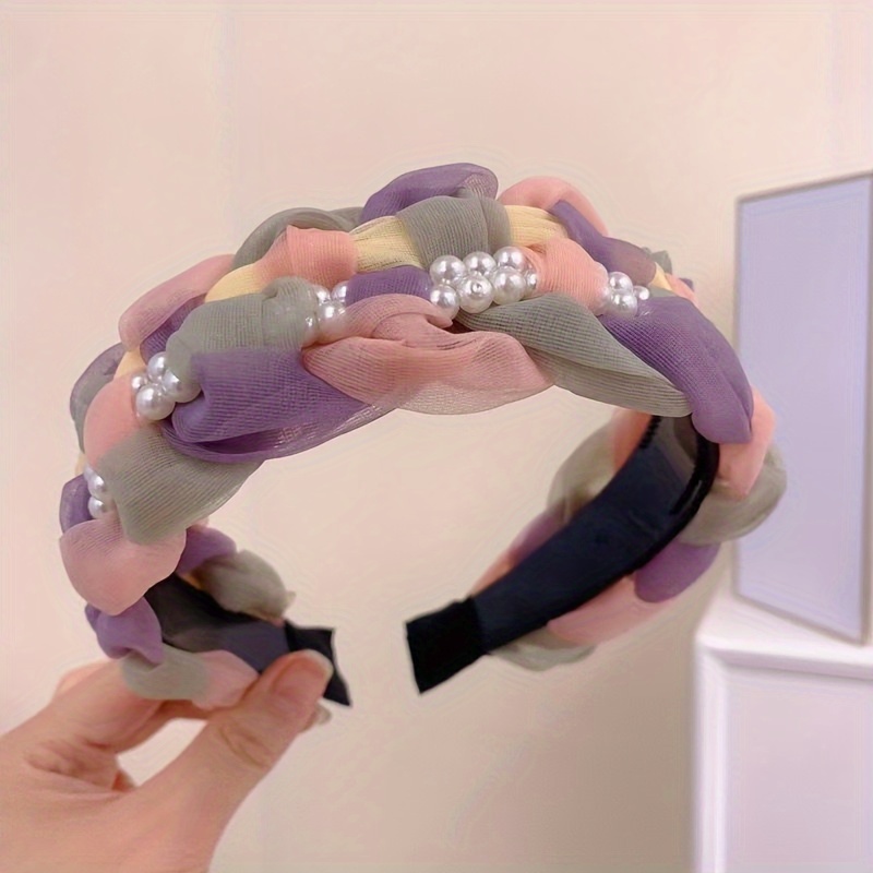Headband High Forehead Woven Malfoegen Tulle Pearl Sequined Headpiece Wide Brim Anti-slip Sweet Headband