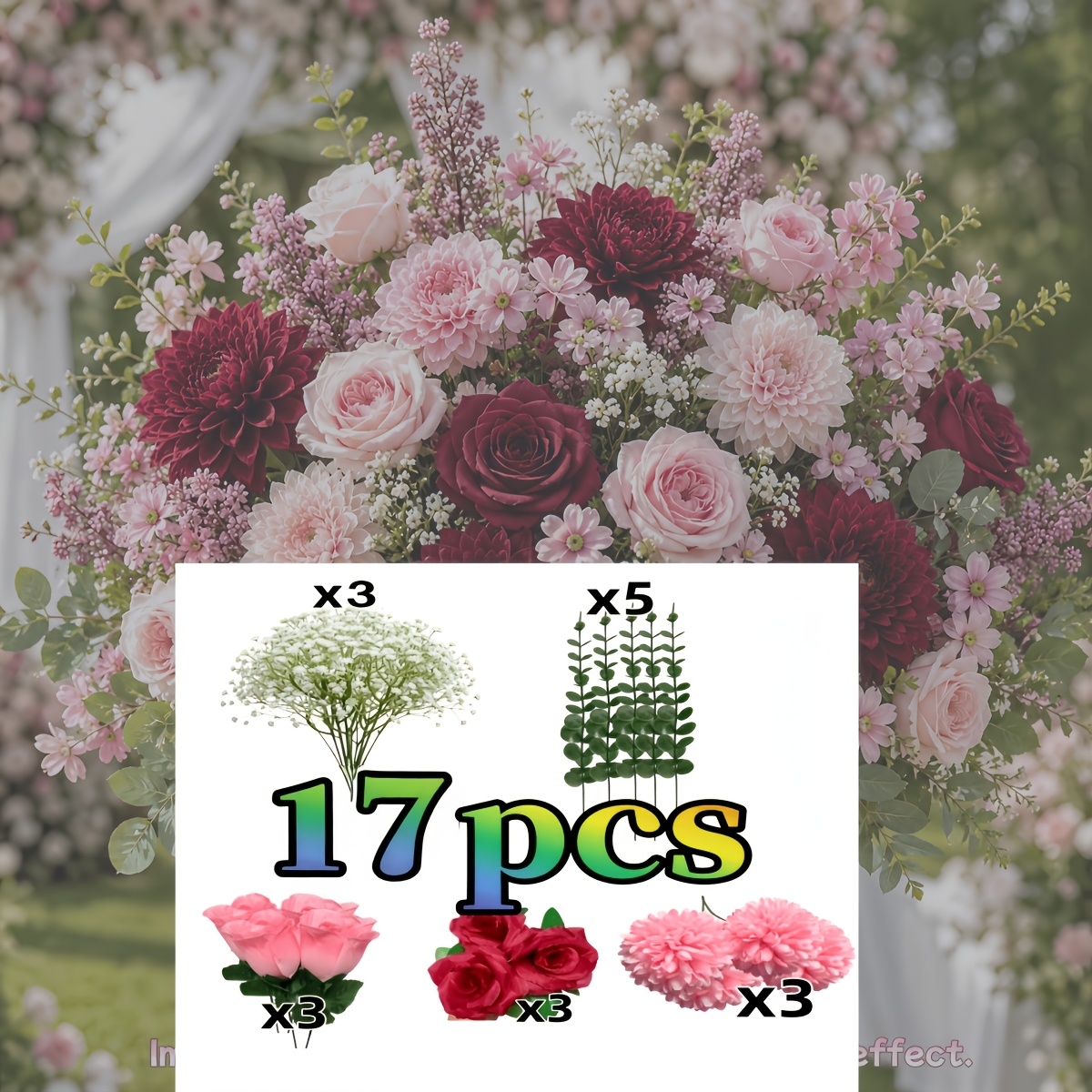 TEMU Ramo de 17 piezas de flores artificiales de lujo grandes con rosas, y gypsophila de realista - Bloque de color, para , de novia, arreglos de ,