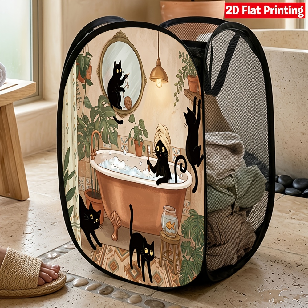 TEMU 1pc Black Cat Bathroom Scene Mesh Pop-up Laundry Hamper Space Saving Storage Gift For Home Organization And Daily Use