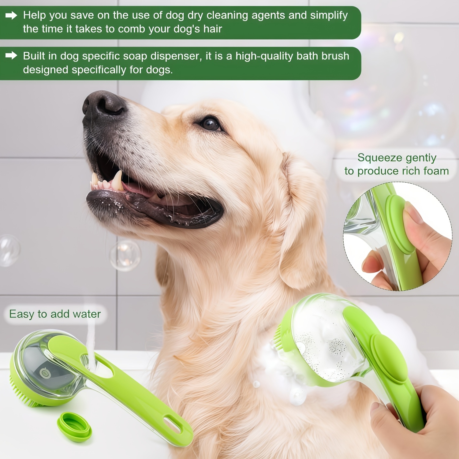 1   version with soap   grooming brush 1   in 1 shampoo dispenser and massage brush soft silicone bristles pet bath grooming massage brush suitable for dogs and cats suitable for all hair types   Product details 2