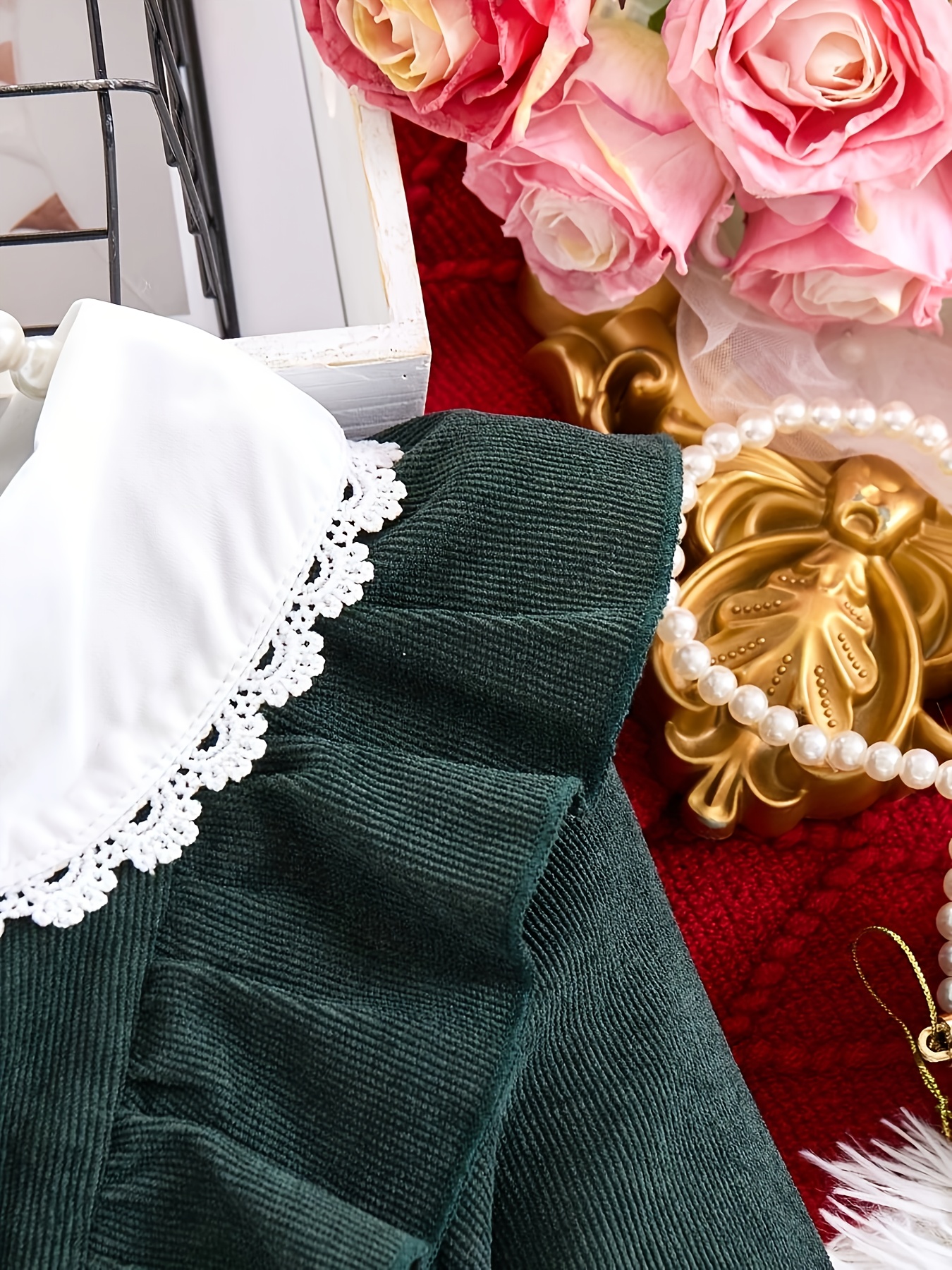 girls pink and green floral corduroy dress fall winter 2pcs Young Girls Knit Long Sleeve Top And Corduroy Flower Decor Pinafore  Dress Set, Casual Outfits For Autumn/Winter
