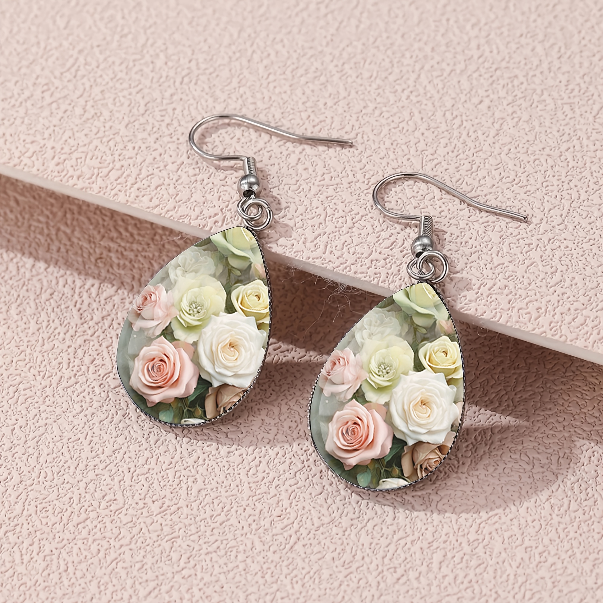 Pink and White Rose Pattern Teardrop Earrings, Elegant Style