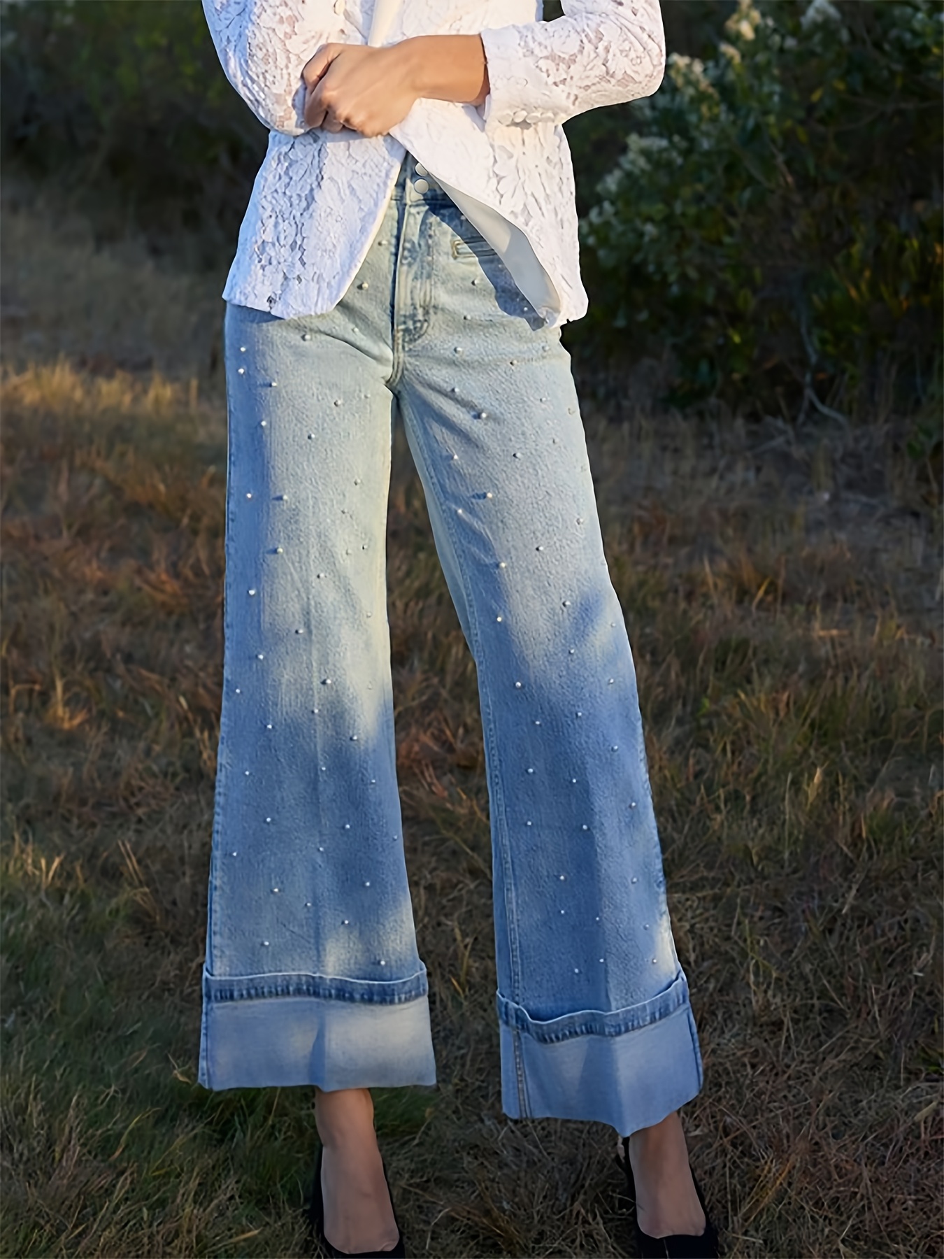 jeans a larga eleganti perle donne pantaloni in denim Temu Italy