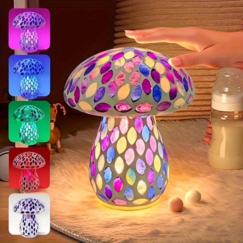 

Mushroom Table Lamp For Room Decoration: Rechargeable Wireless Glass Bedside Table Lamp - 5 Colours 2 Lighting - Cute Nightstand Purple Table Lamp For Ambient, Bedroom, Living Room