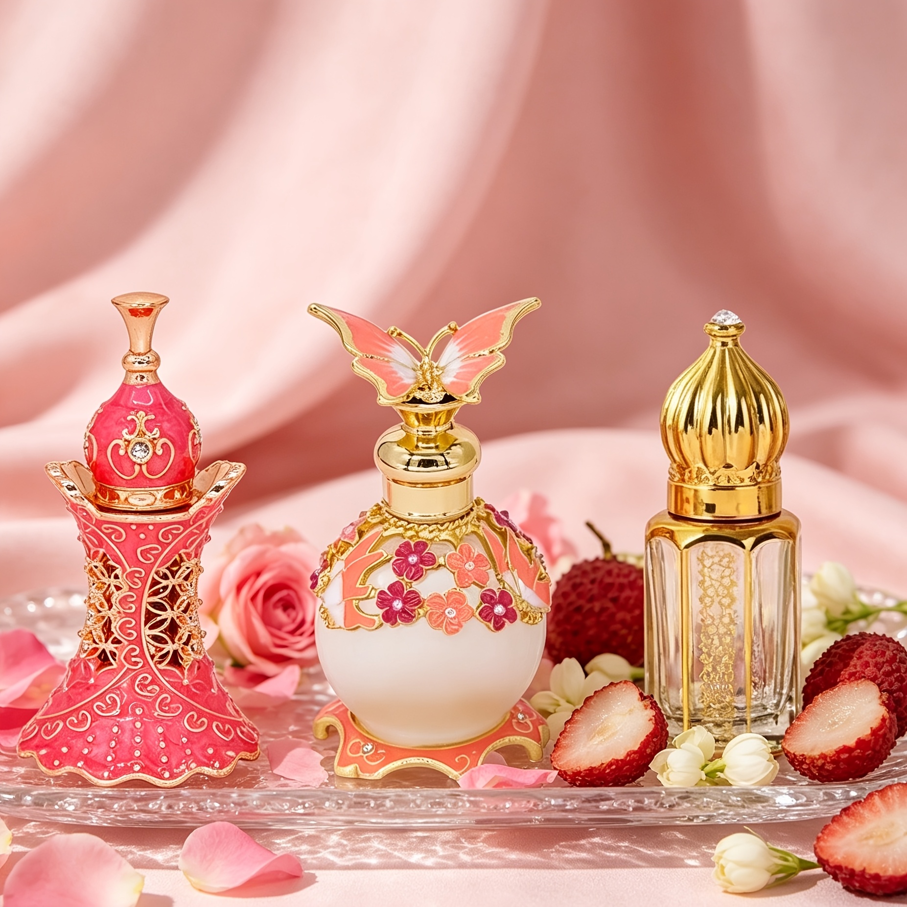 Image of 3pcs Pink Perfume Set 15ml+15ml+5ml, Women's Essential Oil Fragrance, Carved Dress/ Flower/golden-top Transparent Bottle, Long-lasting Scent, Ideal For Dating Parties & Gifts