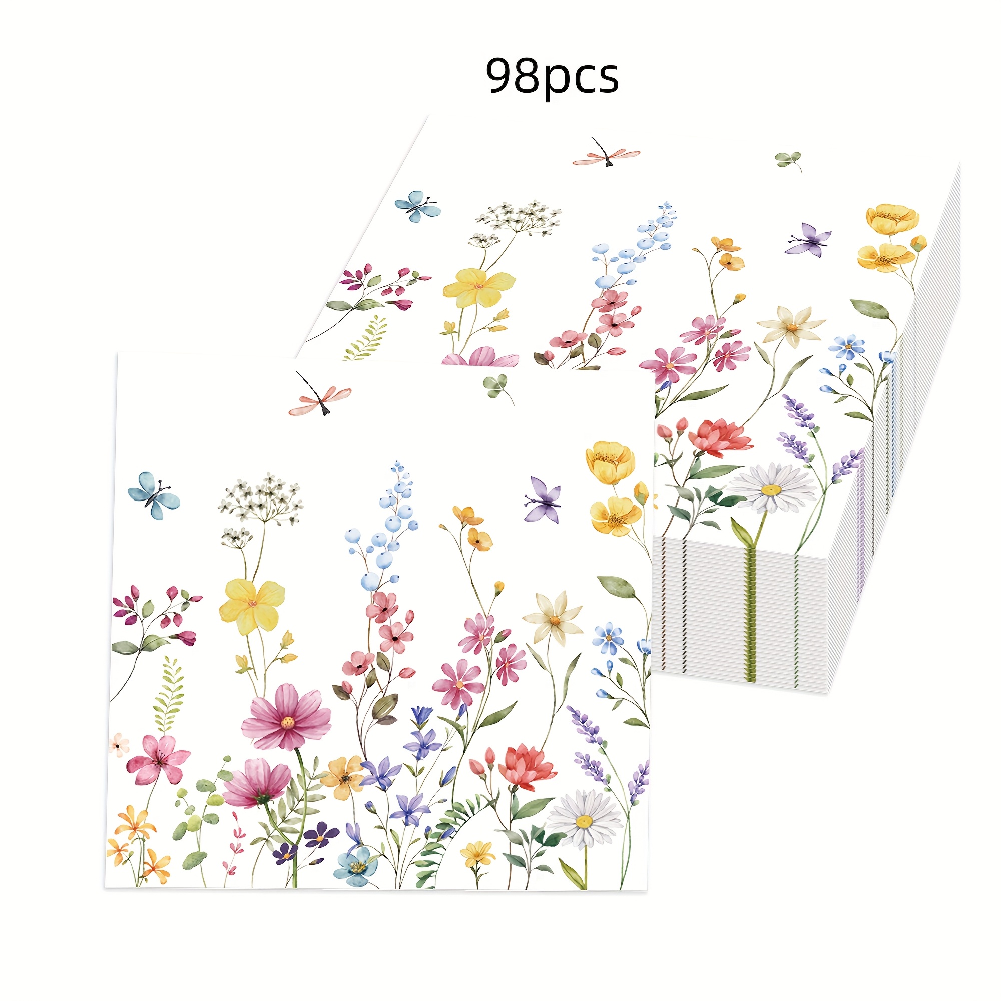 TEMU 98pcs Theme Party Napkins 6.5 * 6.5 Inches Flower Paper Napkins Disposable Flower Party Napkins, Suitable For Spring And Summer Parties, ,